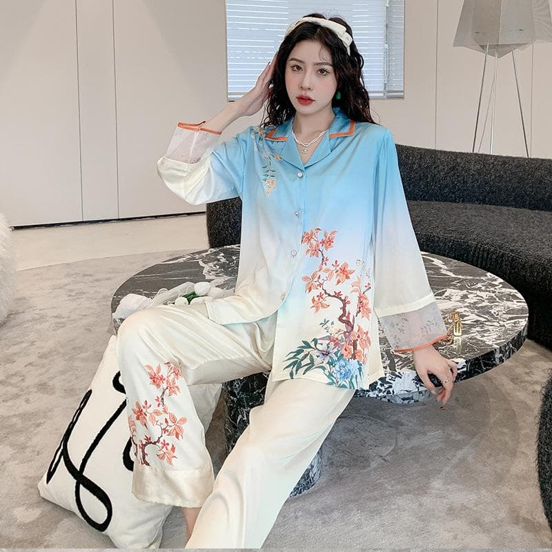 Gradient Color Pajamas Set, Chinese Style Printed Shirt and Trousers, Two-piece Pajamas, Sexy Lace Cuffs, Home Wear XL