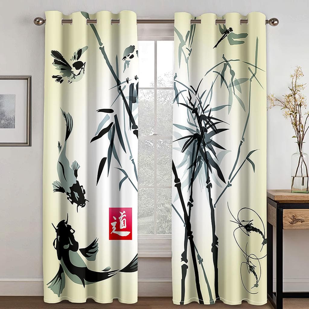 Bamboo Curtains Bamboo 3D Printed Nature Wood Natural Zen Asian Chinese Style Wildlife Home Decor Living Room Bedroom 208W208H(CM)82x82in&Grommet Top