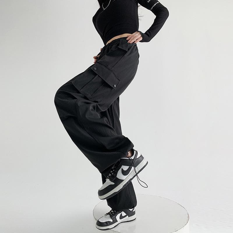 Women's Spring and Autumn New Skinny Straight Parachute Pants Loose High Waist Wide Leg Sweatpants Sweatpants M black