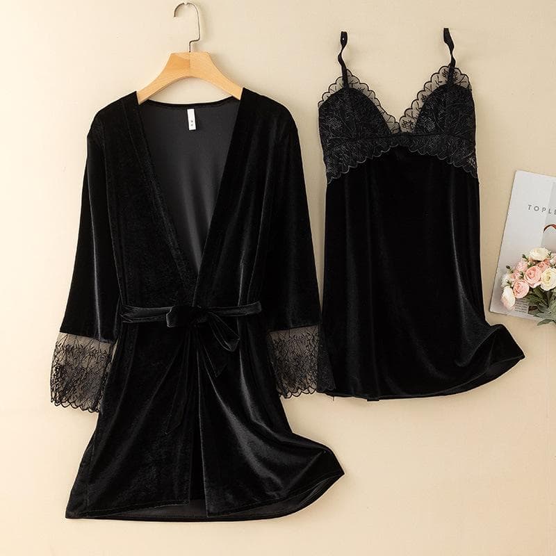 New Autumn Velvet Pajamas Two-piece Robe Set Feminine Lace See-through Robe Bathrobe Casual Velvet Home Clothes M