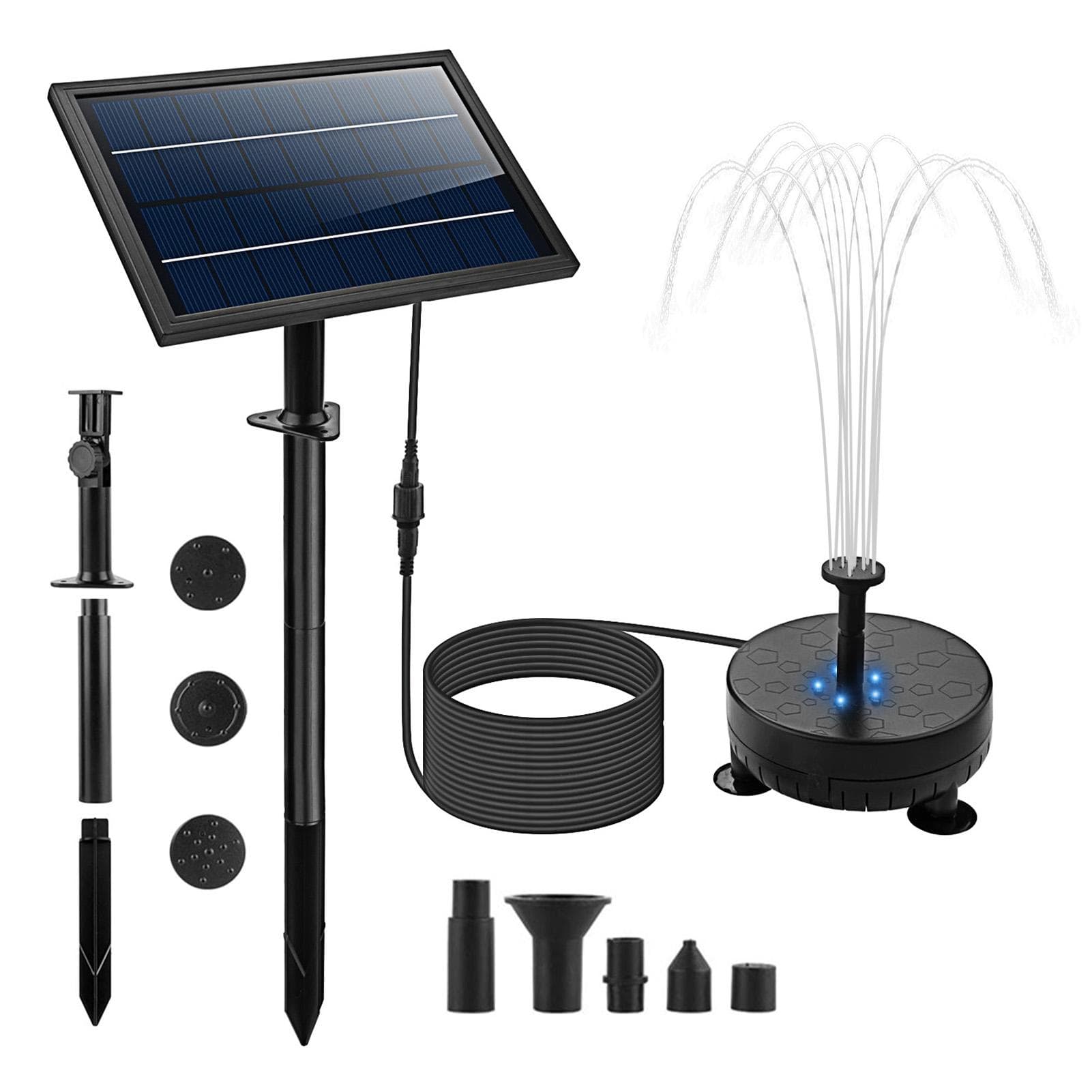Solar Water Pump with 5 LED Color Light 7pcs Nozzle Kit Solar Fountain Pump 170L/H Max Flow 40-60cm black