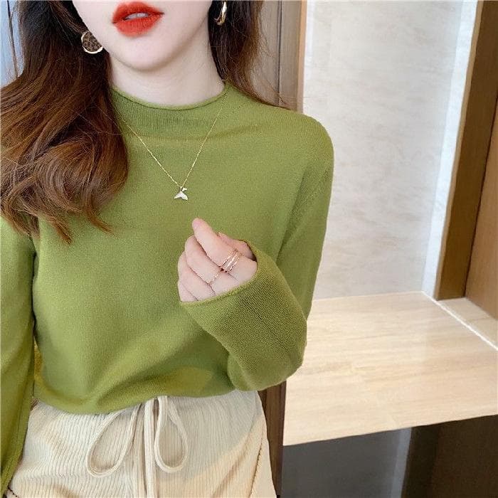 Crewneck Bottom Shirt Women's White Early Autumn Top New Suit with Spring and Autumn Knitwear Thin Sweater One size