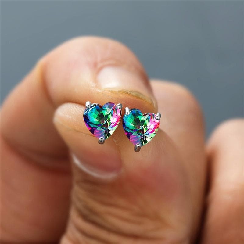 10 Colors Heart Cut Birthstone Rainbow Stone Silver Color Stud Earrings Women Jewelry Gifts multicolour