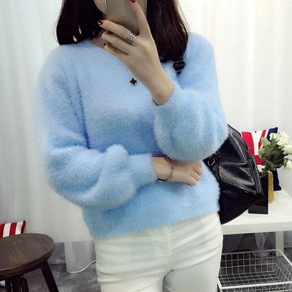 Autumn and Winter Round Neck Short Top Loose Pullover Solid Color Long-haired Sweater Thick Mohair Bottoming Shirt S