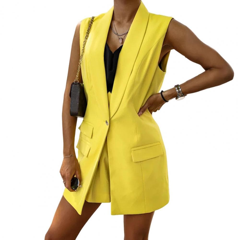 Women Vest Sleeveless Single Button Western Style Slim Fit Cardigan Suit Coat Pure Color Deep V Neck Formal Business Style Lady S yellow