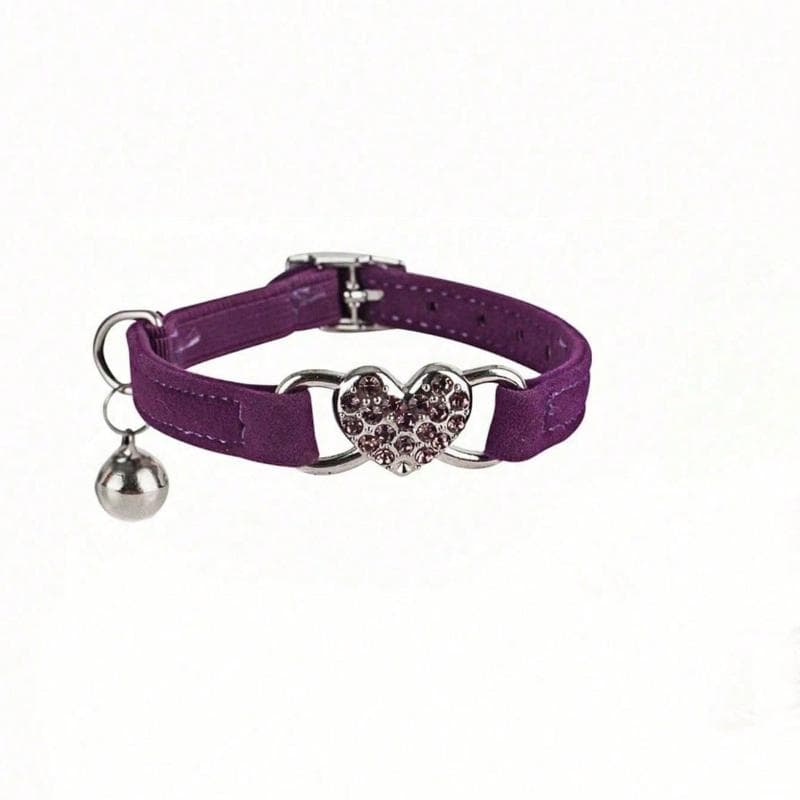 1pc Pet Collar With Rhinestone Heart & Bell Decoration, Cat Collar purple