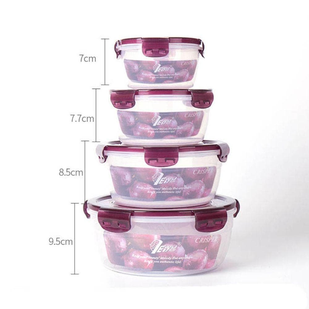 Sealed Round Refrigerator Storage Box with Lid Plastic Trasparent Crisper Food Containers Stackable Microwave-heated Lunch Box 4Pcs-set purple