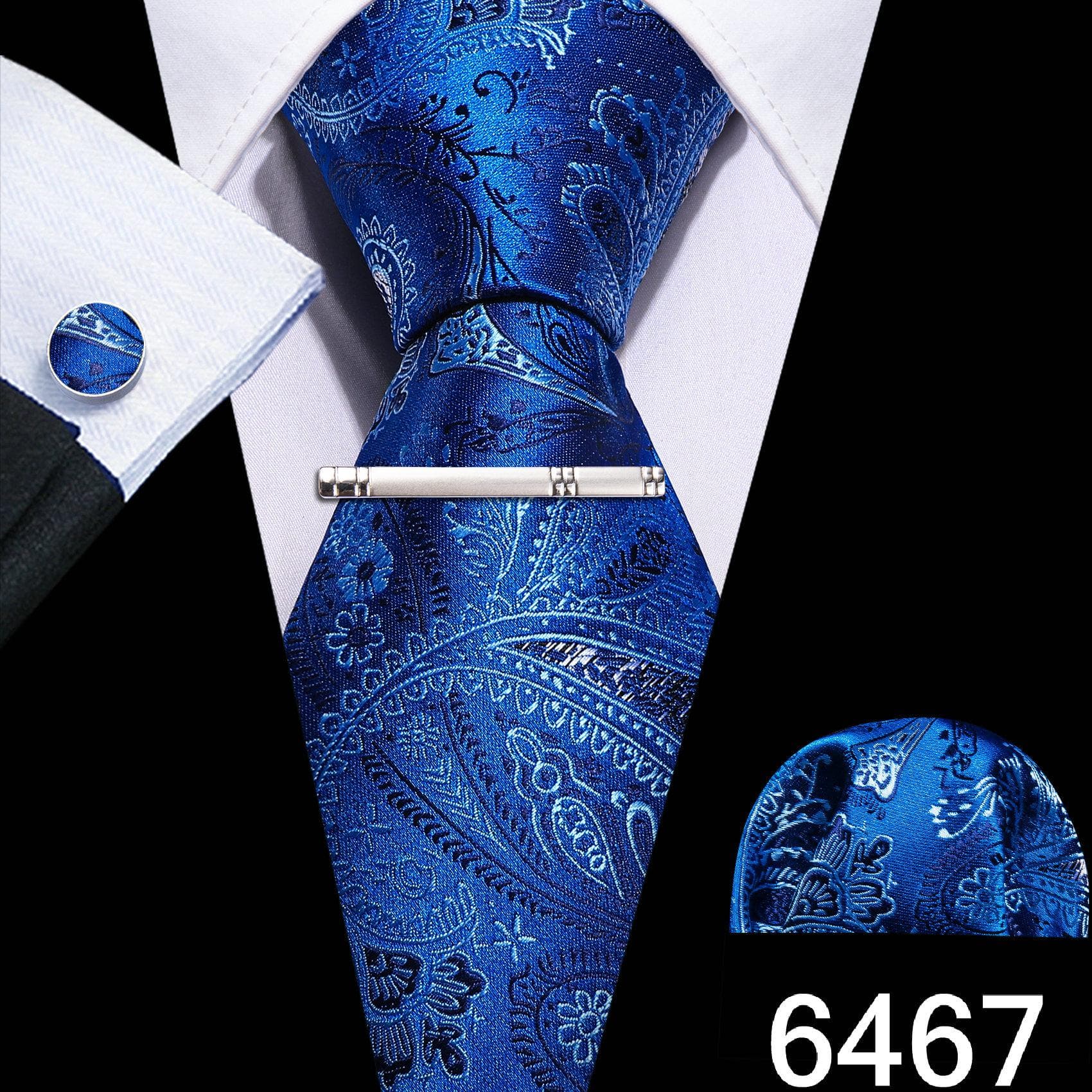 Barry.Wang Mens Green Blue Ties with Silver Tie Clip Wedding Silk Necktie Hanky Cufflinks Business Set N-6467