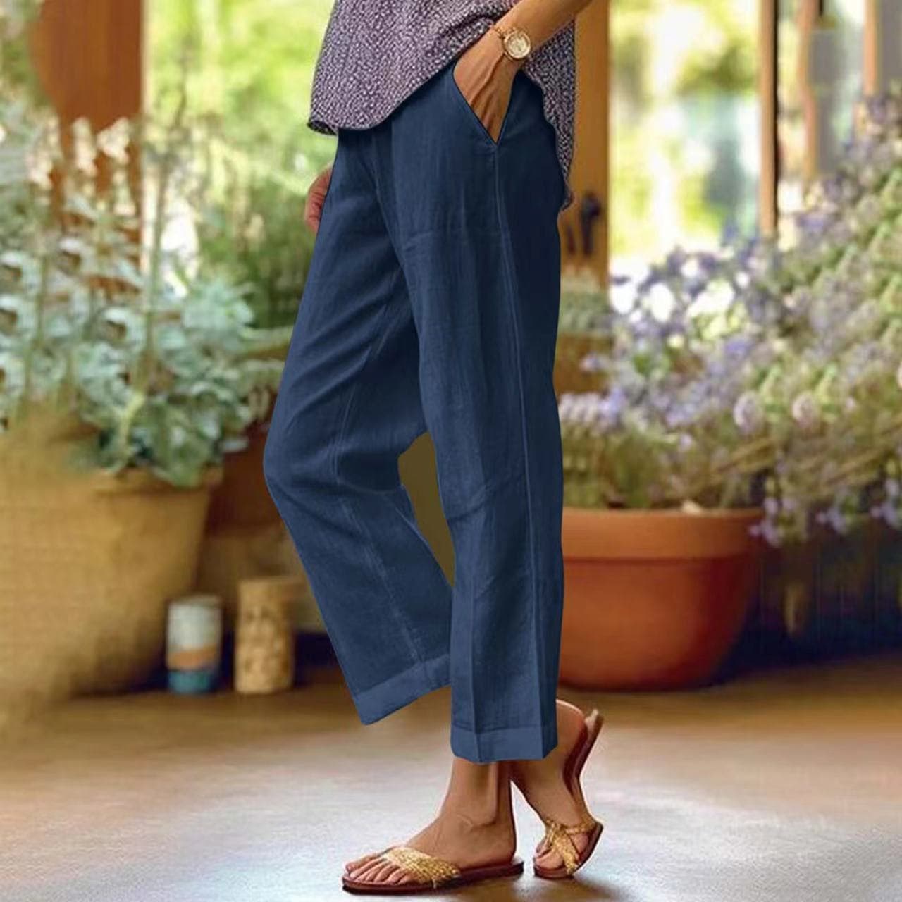 Cotton and Linen Women's Loose Fashion Solid Color Straight Casual Pants Women's Clothing L dark blue