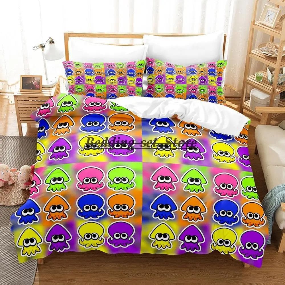 Splatoon 3 Inkling Squid Bedding Set Single Twin Full Queen King Size Bed Set Aldult Kid Bedroom Duvetcover Sets Bed Sheet Set AU Single 140x210cm