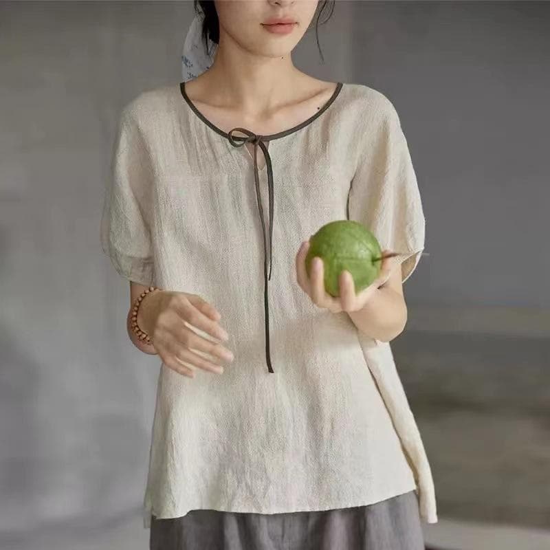 Women's Summer New Cotton Linen T-shirt Short-sleeved Retro Ethnic Style Lace-up Age-reducing Loose Versatile Top 4XL