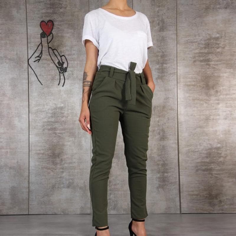 Women Slim High Waist Pants Solid Color Female Trousers Office Wear Fit Nine Points Pencil Pants XL green