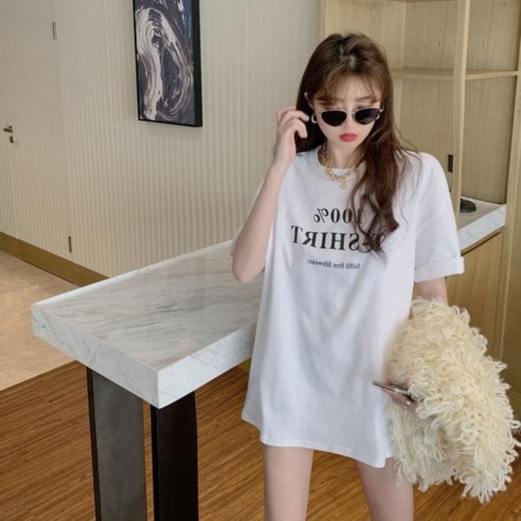 Letter Printed Short-sleeved T-shirt for Women In Early Spring Korean Loose Medium-length Thickened Fur Base Top XXL white