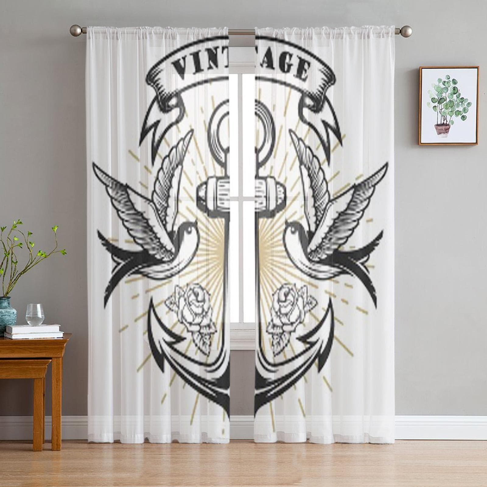 Old School Style Swallow Anchor Chiffon Sheer Curtains for Living Room Bedroom Kitchen Decoration Window Voiles Tulle Curtain 135W x 114H(cm)