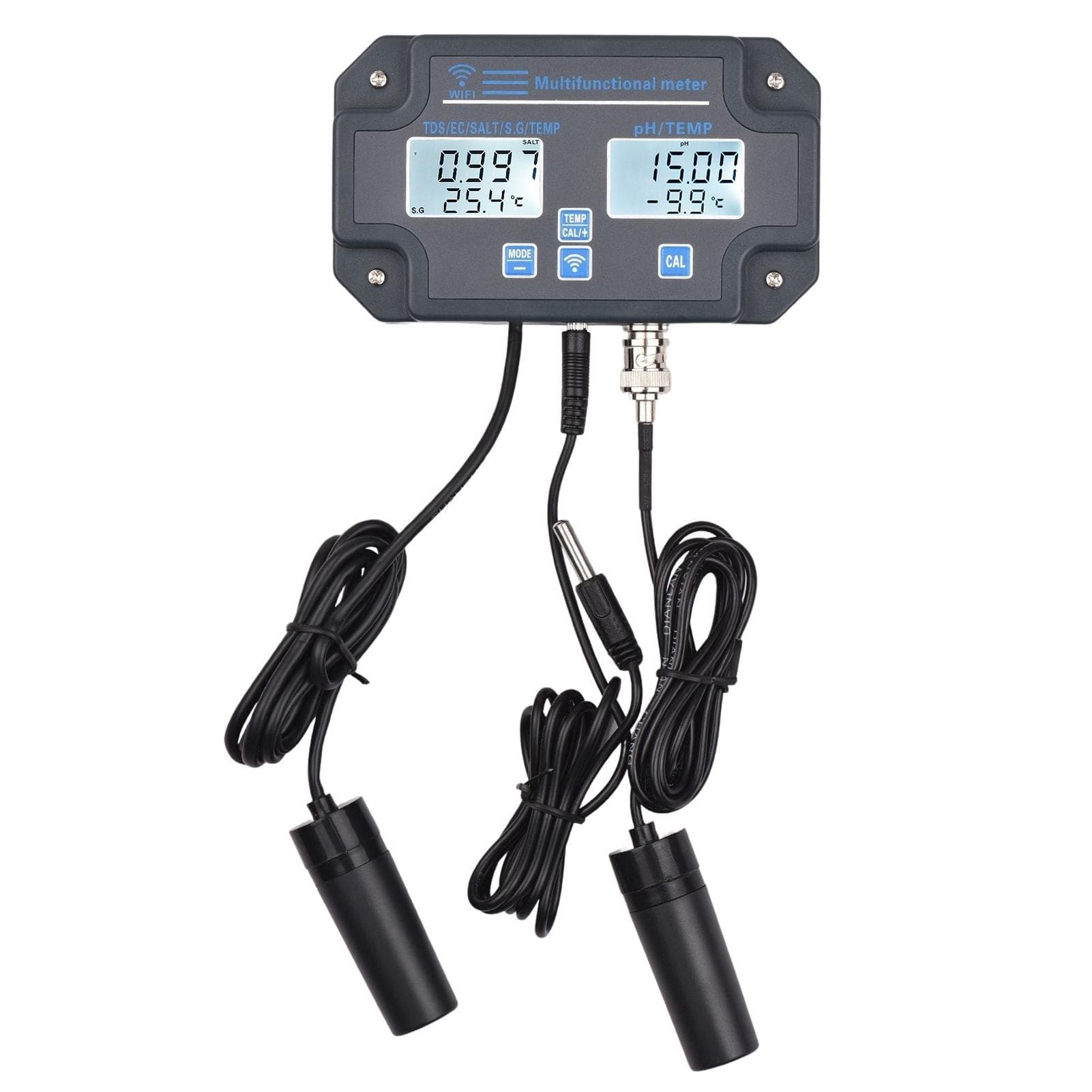Wifi Digital Water Quality Tester Wall Mounted 6 in 1 Water Analyzer PH/ EC/ TDS/ SALT/ S.G/ AU Plug grey