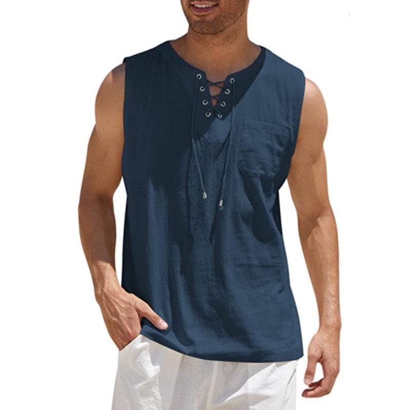 Men Loose Waistcoat Tank Top Vest Lace-up V Neck Sleeveless Pullover Casual Streetwear 4X Dark blue