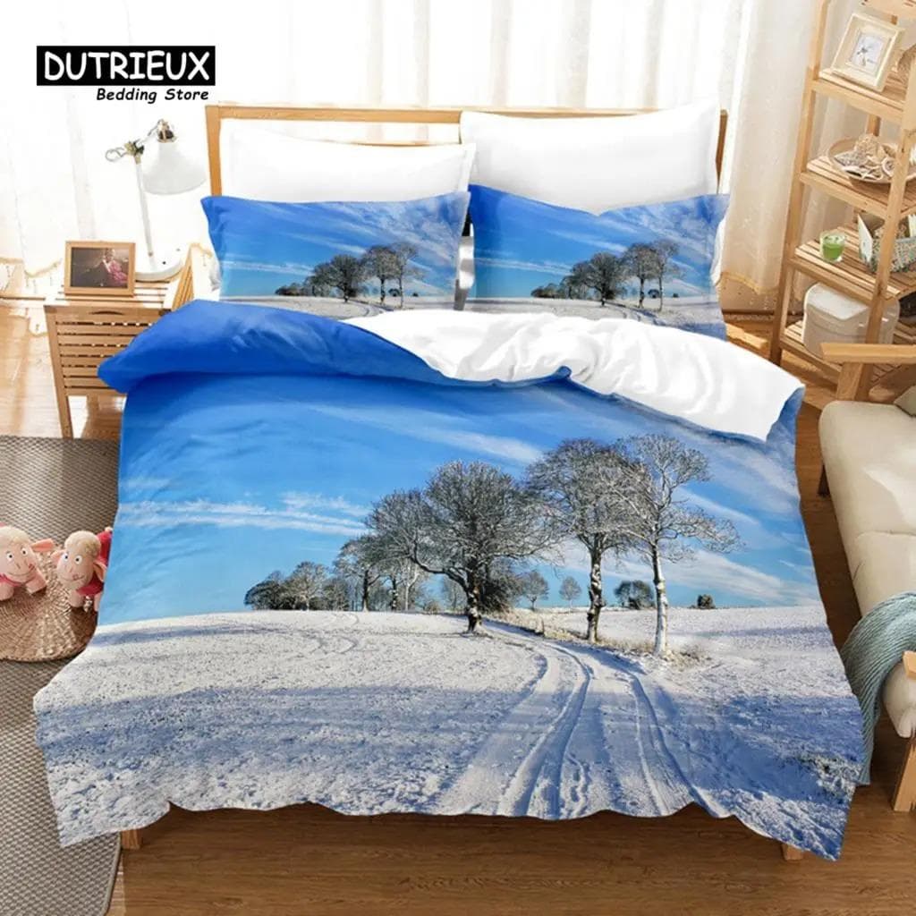 Snow Scene Hut Bedding Set, 3Pcs Duvet Cover Set, Soft Comfortable Breathable Duvet Cover, For Bedroom Guest Room Decor 70x133cm 2pcs