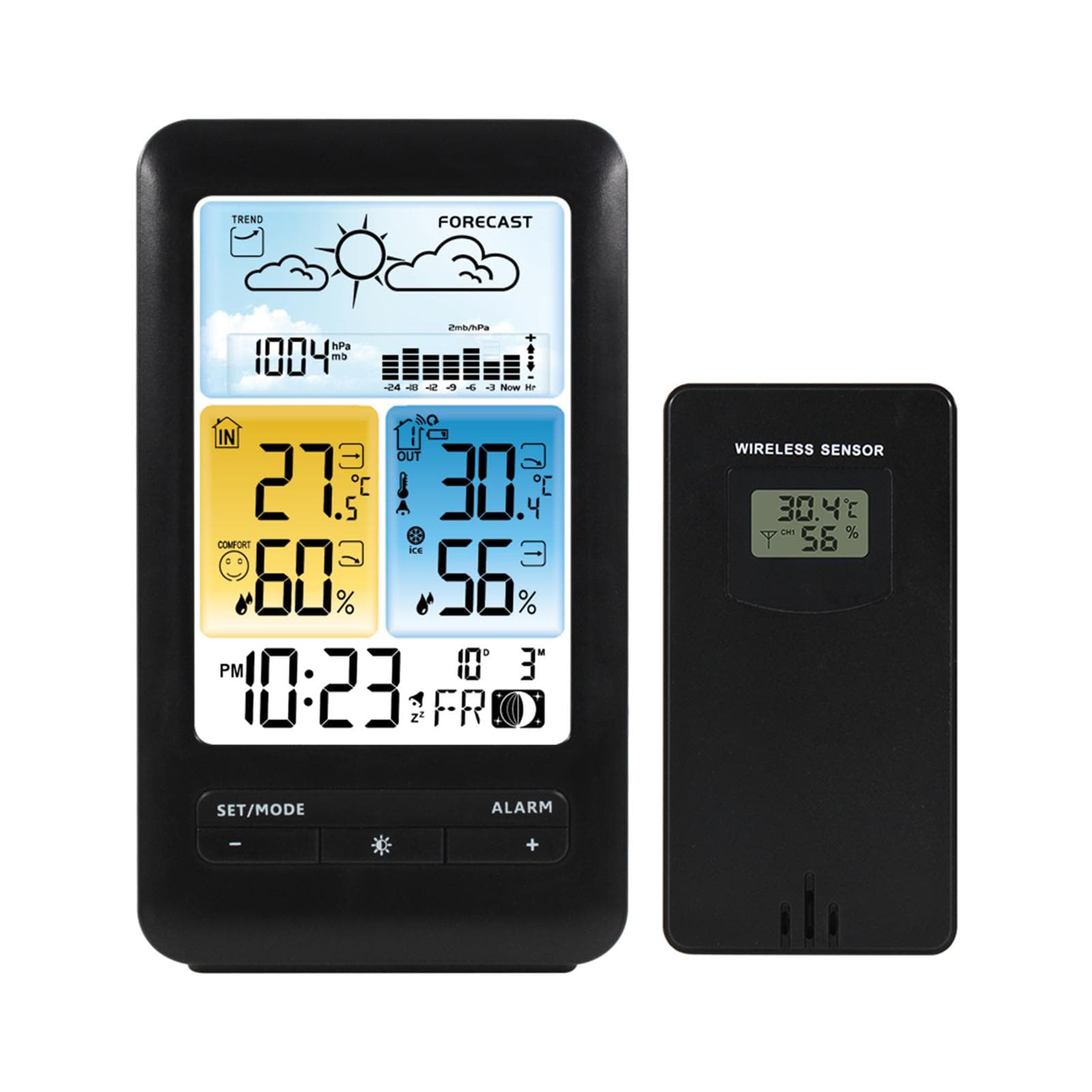 LCD Weather Station Alarm Clock with Snooze Digital Indoor Outdoor Temperature Humidity Monitor black