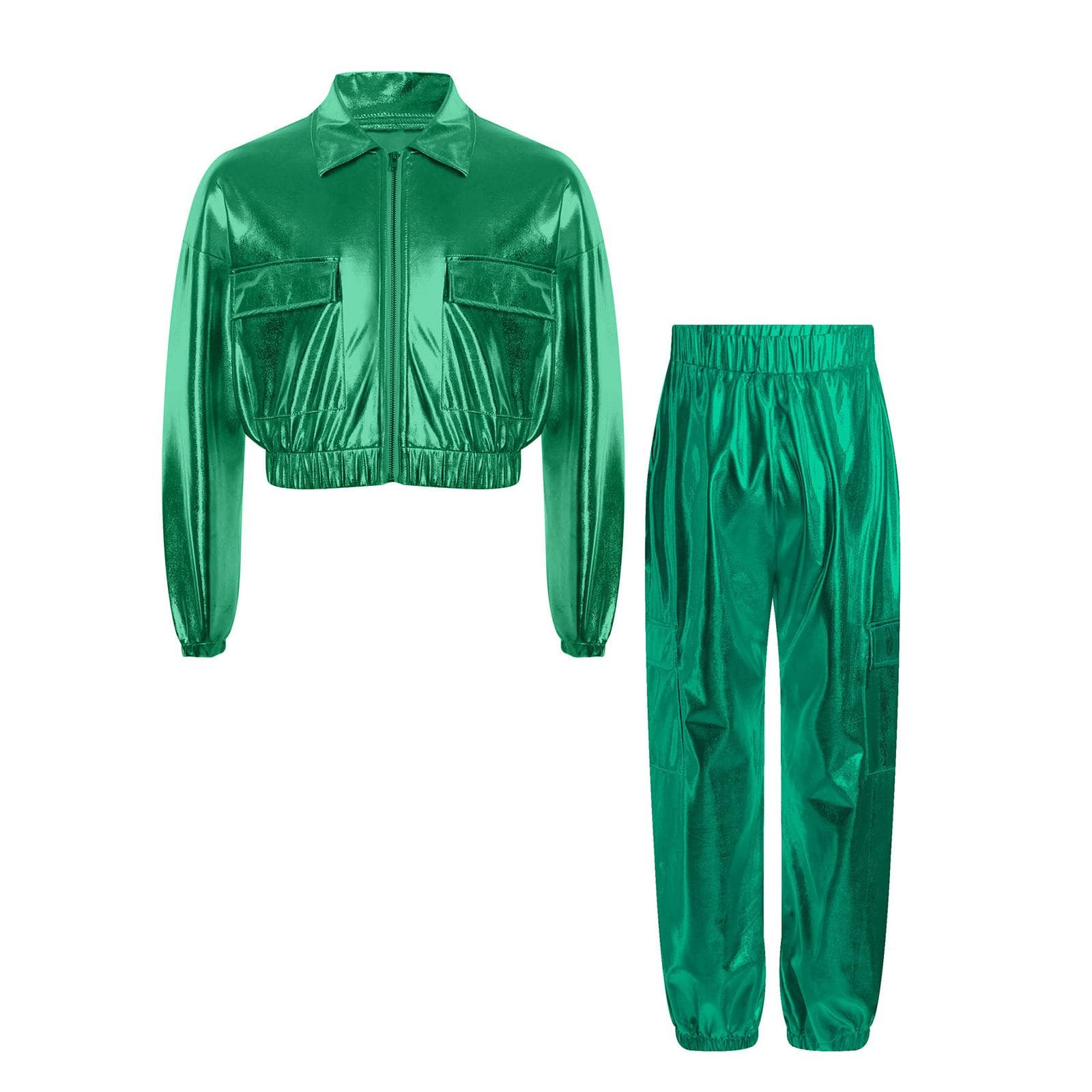 Girls Boys Shiny Dance Outfit Metallic Jacket Turn Down Collar Long Sleeve and Glittery Pants for Jazz Competitions 15-16 Years green