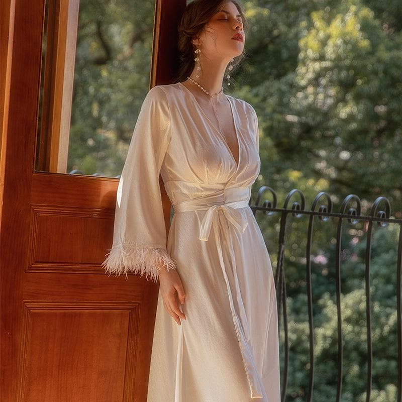 Spring and Summer Herringbone Pattern Women's Premium Feather Bathrobe Ice Silk Kimono Style Satin Long Bathrobe XL