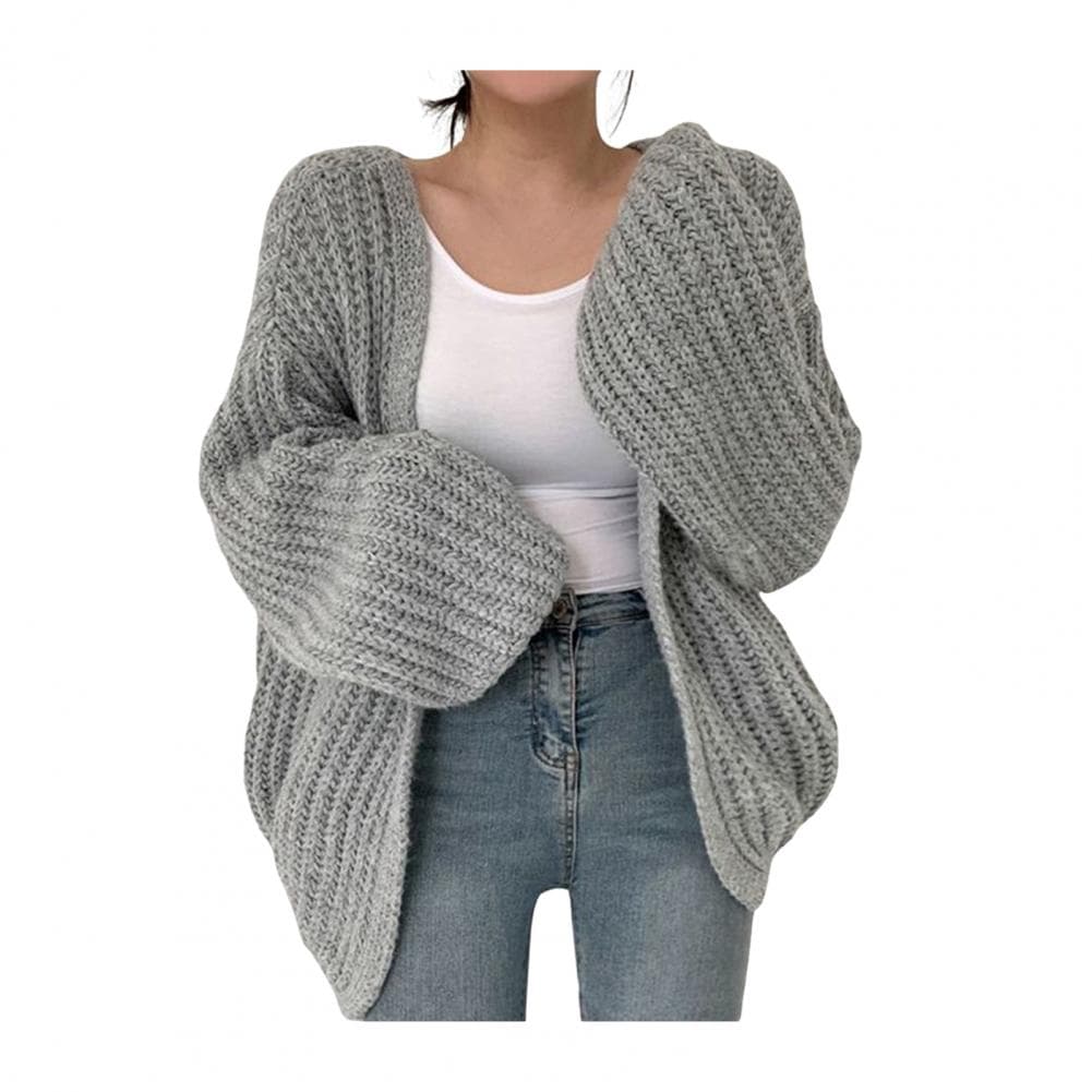 Casual Sweater Coat Stylish Women's V-neck Sweater Coat with Lantern Sleeves Casual Knitwear for Daily Wear Solid Color Wool One Size grey