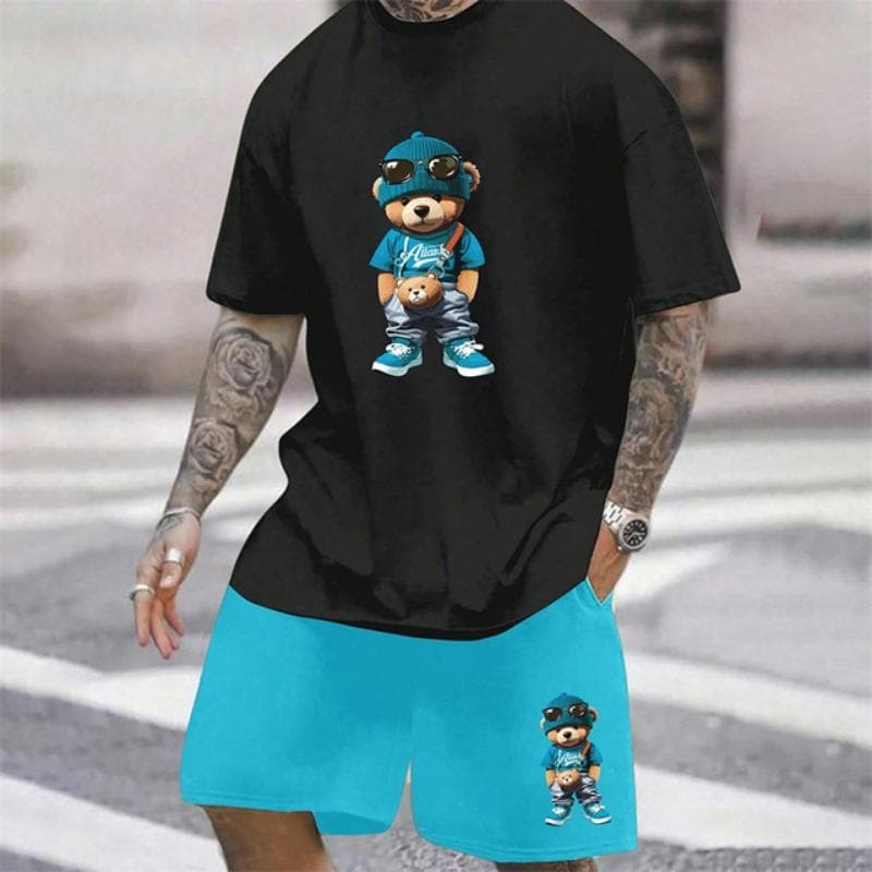 2025 Fun Bear Harajuku T-Shirt Men's Summer Loose Daily Couple Suit Outdoor Street Short Sleeve Shorts Two Piece Men Summer Suit S