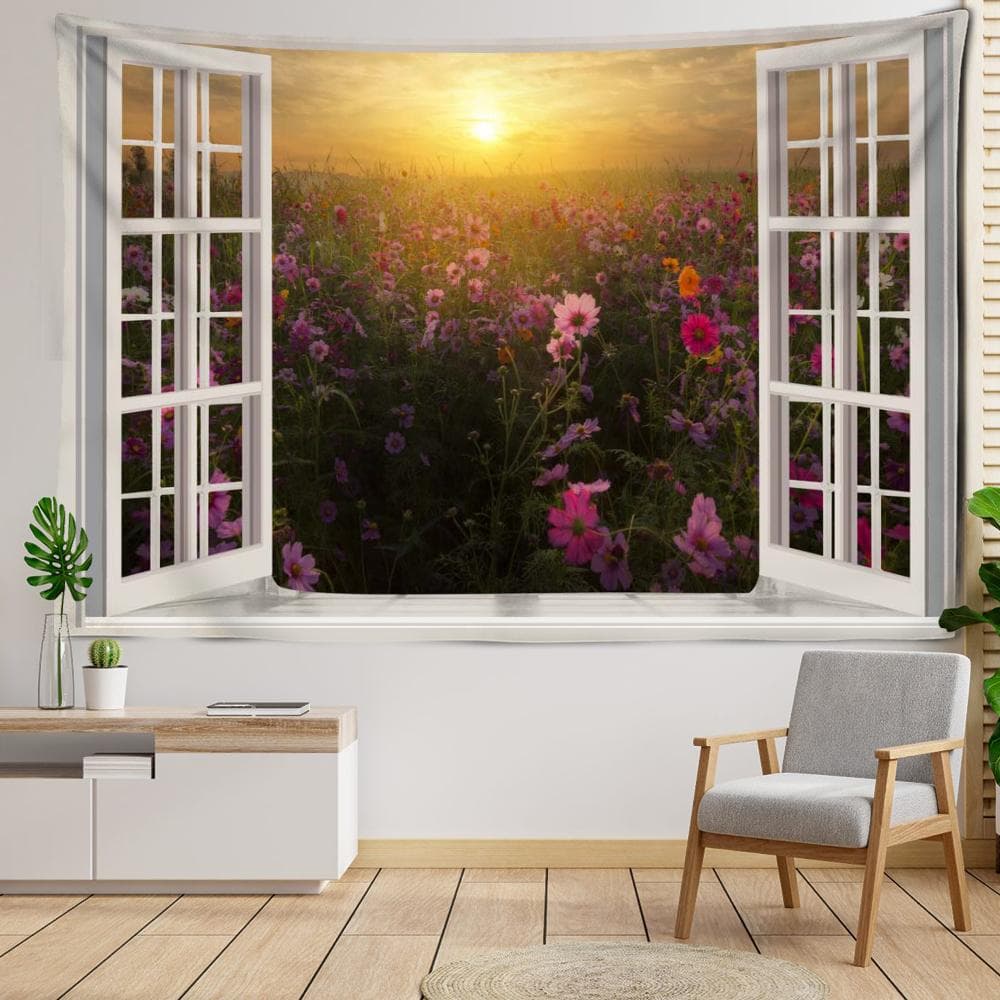 Window Flower Field Landscape Tapestry Wall Hanging Natural Scenery Bohemian Bedroom Living Room Home Decor 95x70CM