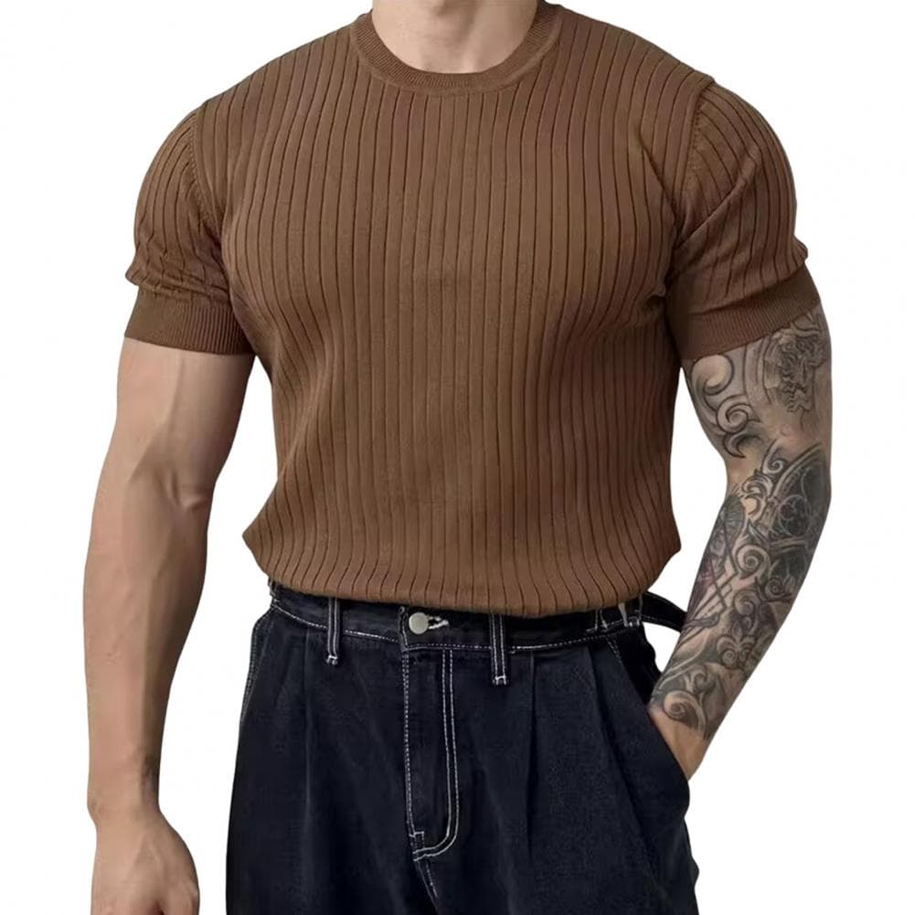 Men Summer Sport T-shirt Knitted Thread Elastic O Neck Slim Fit Solid Color Short Sleeves Pullover Workout Gym Training Top L brown