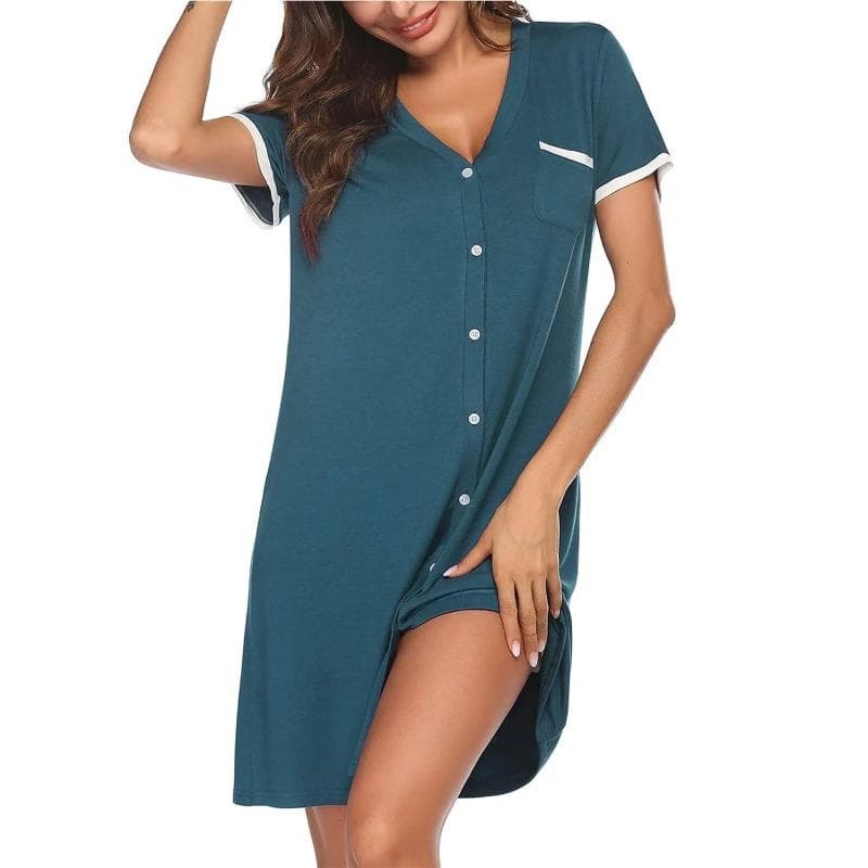 Women's V-neck Short-sleeved Contrasting Color Home Wear Simple Women's Short Nightgown Summer Mid-length Dress with Pockets M