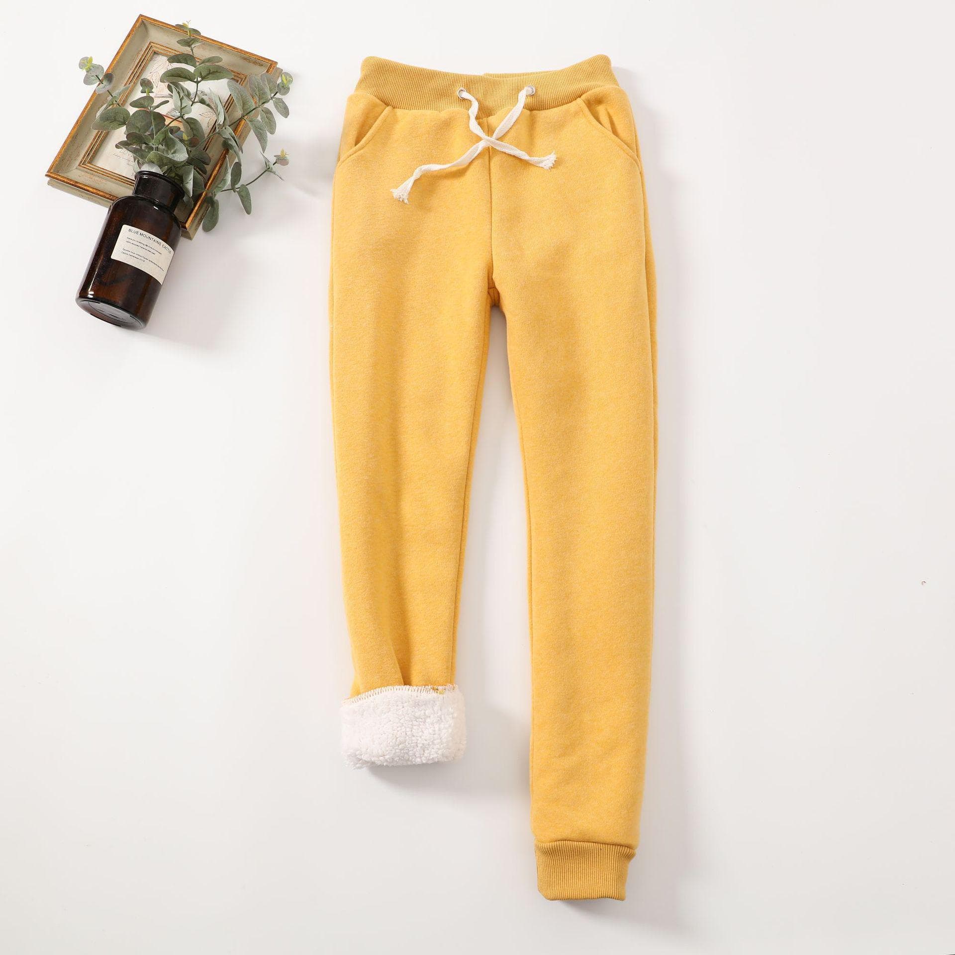 Lambskin Fleece-Lined Winter Skinny Sweatpants - Women's Casual Loose Fit S yellow