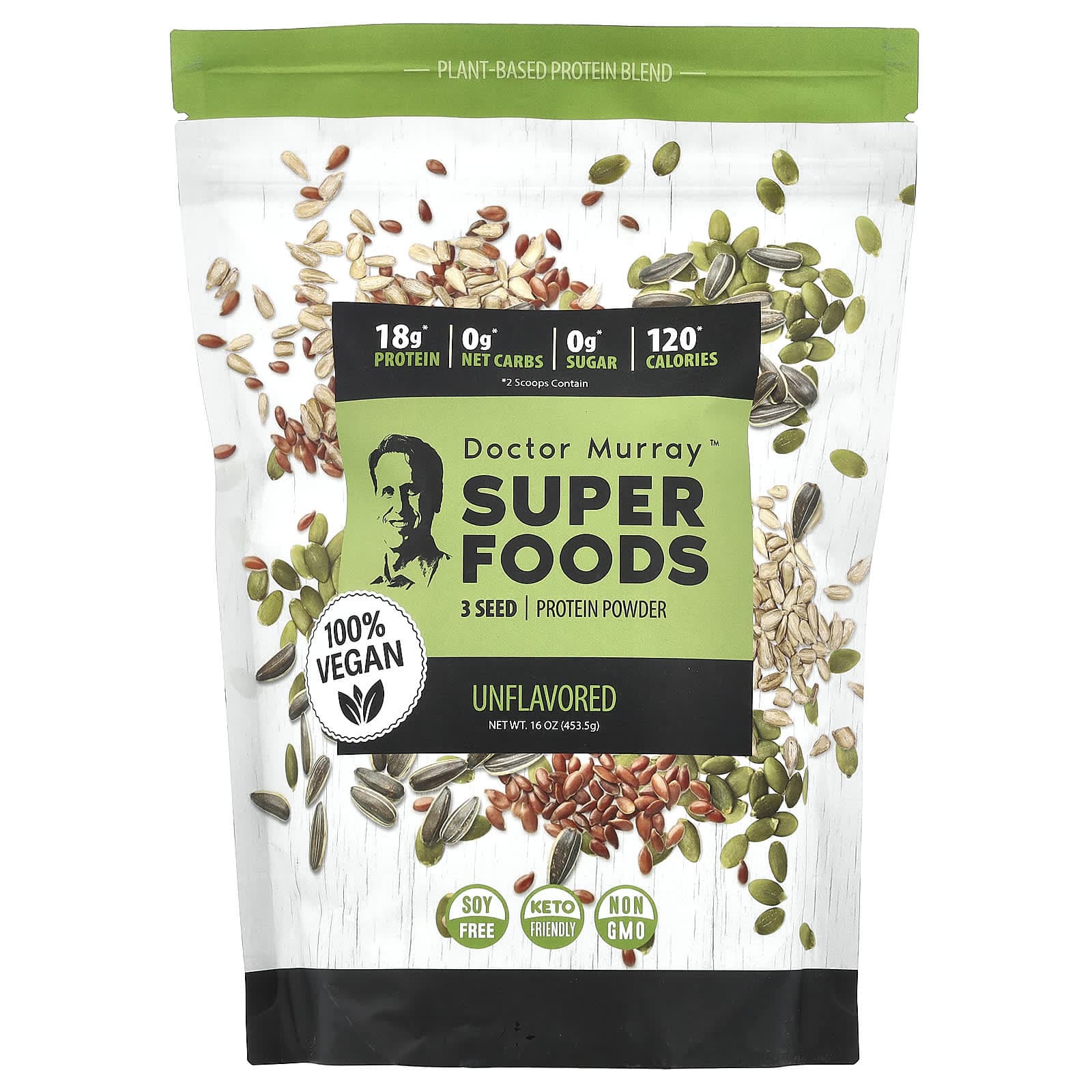 Dr. Murray's, Superfoods, 3 Seed Protein Powder, Pumpkin + Flax + Sunflower, Unflavored, 16 oz (453.5 g)