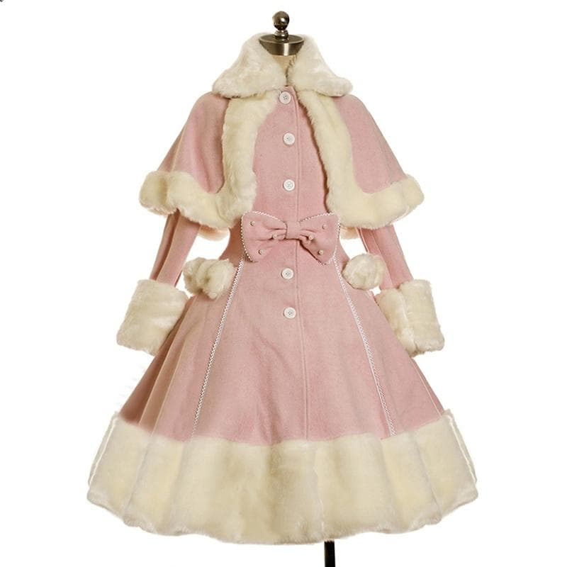 Women's Fashion Long Sleeve Fur Coats Vintage Gothic Victorian Cute Lolita Bowknot Dress Autumn Winter Warm Lapel Dresses Coat Fantasy Cosplay Costume XL pink