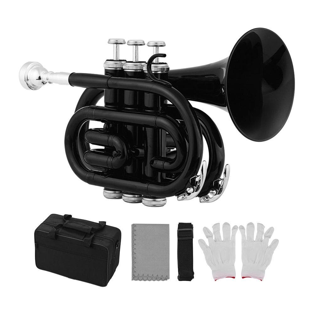 Pocket Trumpet Bb Flat Brass Material Wind Instrument w/Cleaning Cloth Case black