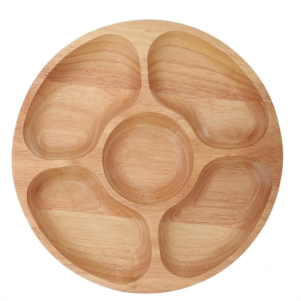 Wooden Round Shape Food Divided Plate Dessert Snack Sub grid Dish Tableware Tray (25cm)