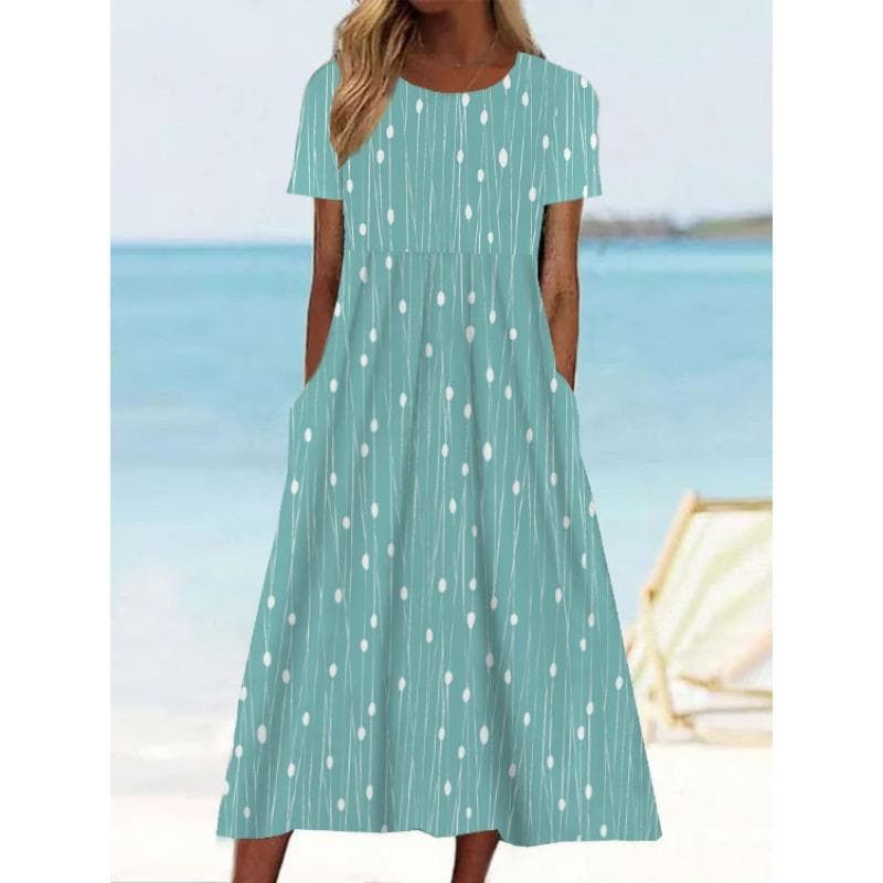 YYFS Women's Fashion Summer Spring Flower Pattern Print Short Sleeve O-Neck Middle Waistline Casual Dresses XXL