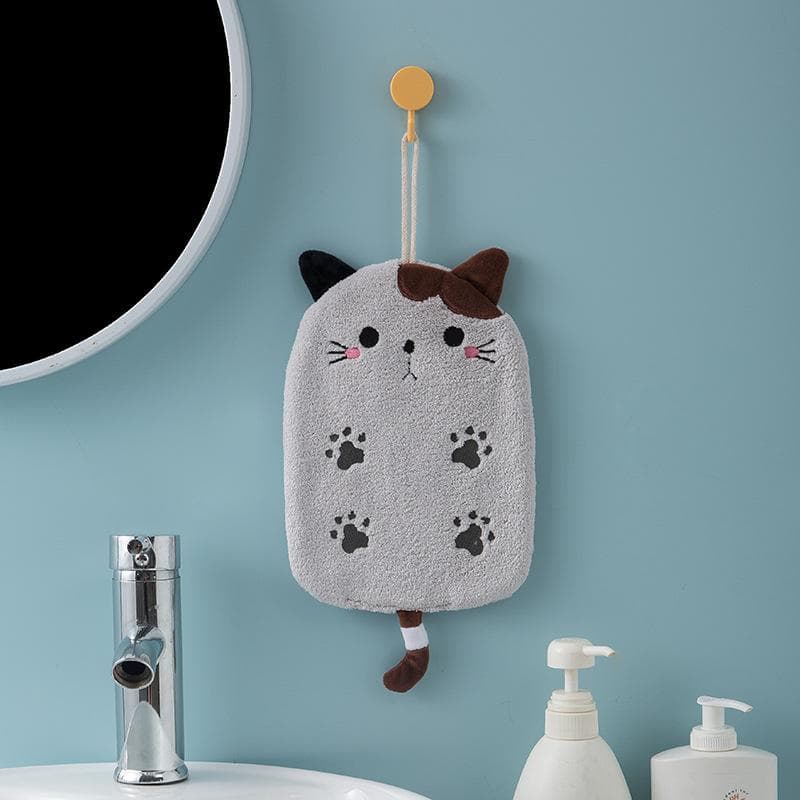 Strong Absorbent Hanging Cat Embroidery Towel Home Decor Dual-use Coral Velvet Hand Towel Bathroom Supplies Towel light gray