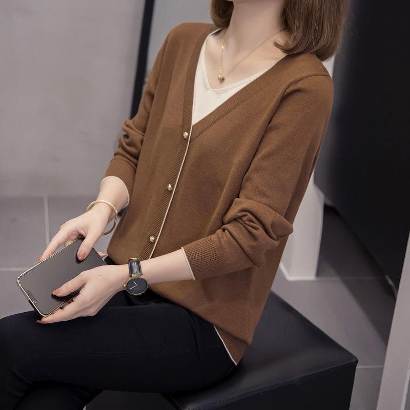 Autumn and Winter Women's Clothing New Large Size Fake Two V-neck Bottoming Shirt Top 4XL dark brown