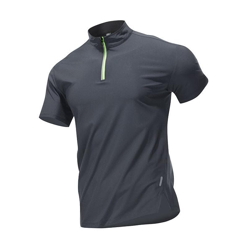 Zipper T-shirt Men's Short Sleeved Ice Silk Quick Drying Clothes Running Fitness Stretch Breathable Casual Sports Stand Up Collar T-shirt XXL grey