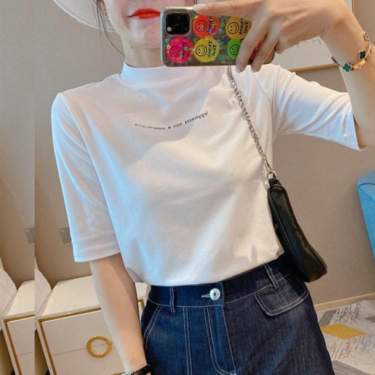 Spring and Summer New Women's Letter Printing White Solid Color Mid-sleeved Half-high Neck T-shirt Base Shirt XXL white