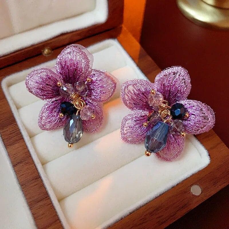 Light Luxury Elegant Crystal Gauze Purple Flower Dangle Earrings For Women Fashion Sweet Girl Jewelry Accessories purple