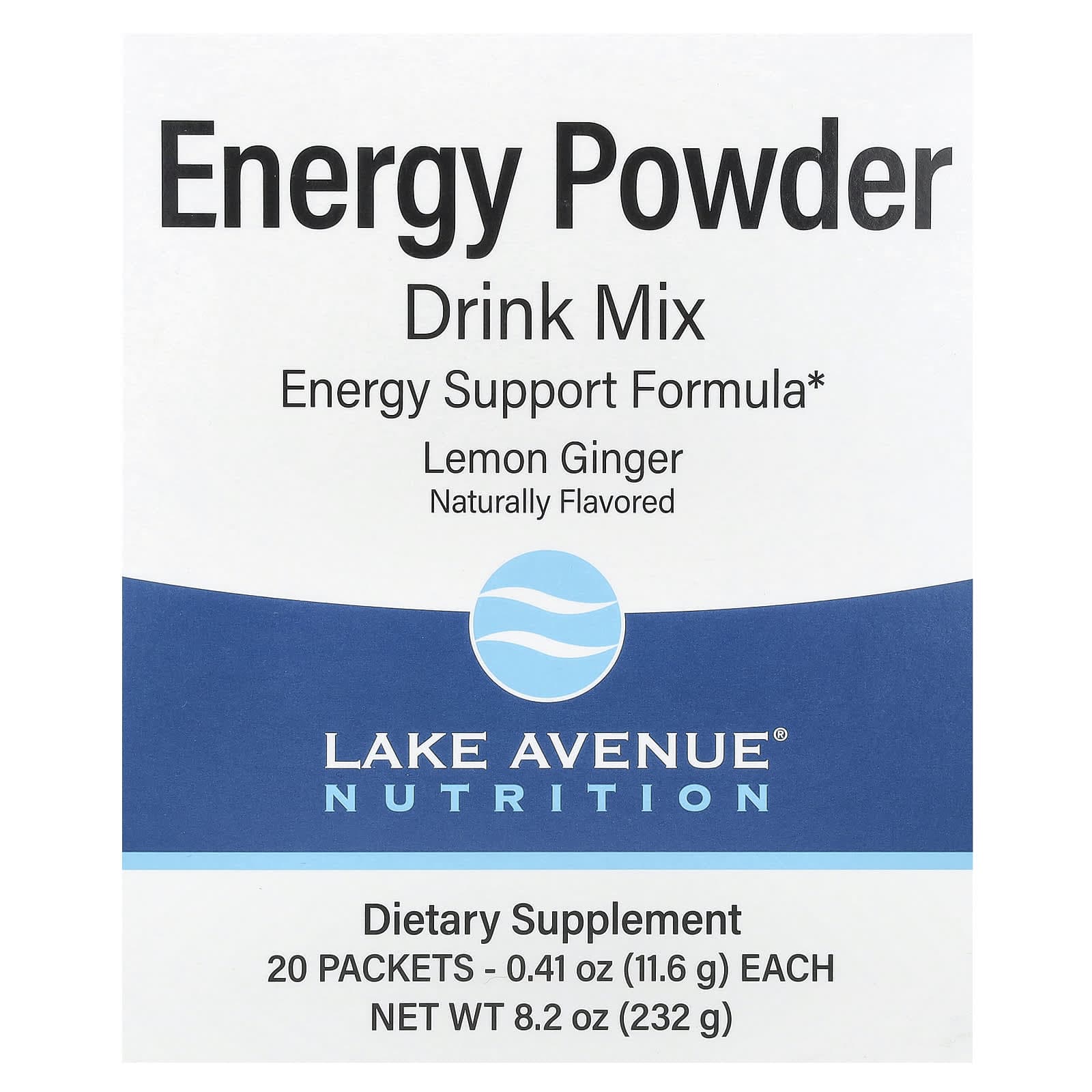 Lake Avenue Nutrition, Energizing Powder Drink Mix, Lemon Ginger Flavor, 20 Packets, 0.41 oz (11.6 g) Per Pack