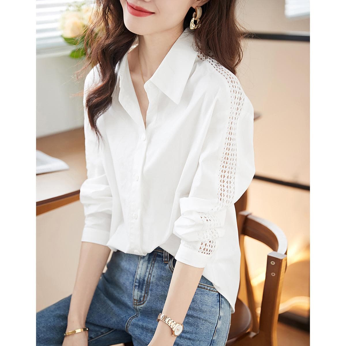 Light Luxury Shirt Top for Women Autumn New Style Slim Casual Sun Protection Women White Shirt Design S white