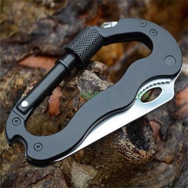 5-in-1 Multi-Tool Carabiner with Knife Latch Hooks Screwdriver Bottle Opener for Outdoor Camping Hiking Survival Gear black