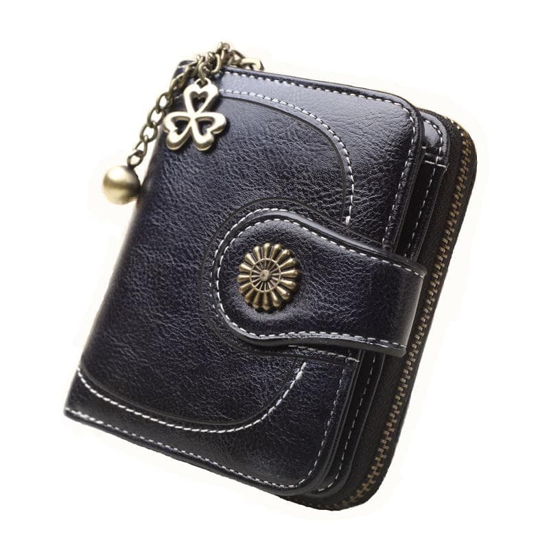 Women Vintage Wallets Greased Leather Flower Ladies Zipper Coin Purse Female Small Clutch Money Bag Credit Card Holder Wallet black