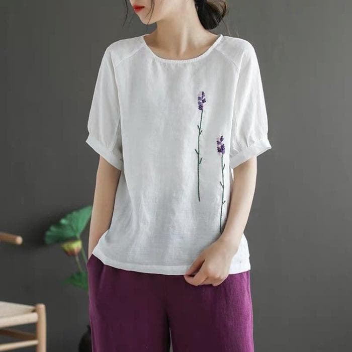 Retro Flower Embroidered Cotton Linen Round Neck Short-sleeved T-shirt for Women In Summer New Large Size Loose Versatile Top for Women 4XL white