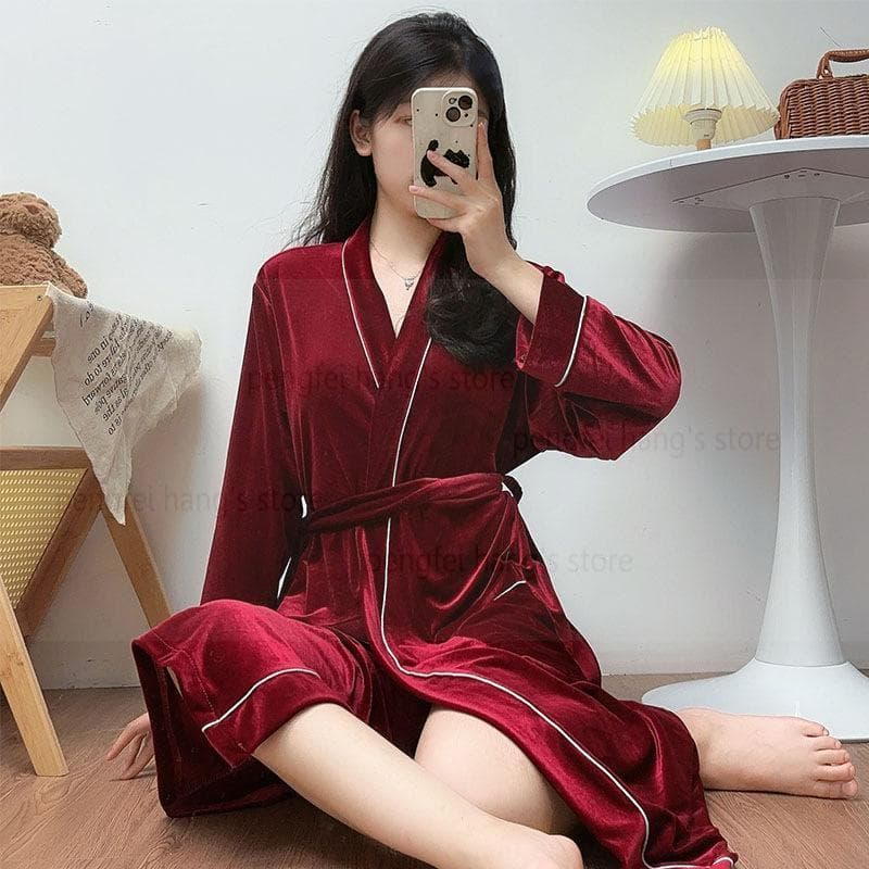 Robe Velvet Nightgown Women's Home Clothes with Pockets Autumn and Winter Vest Long Sleeve Kimono Bathrobe Dress L