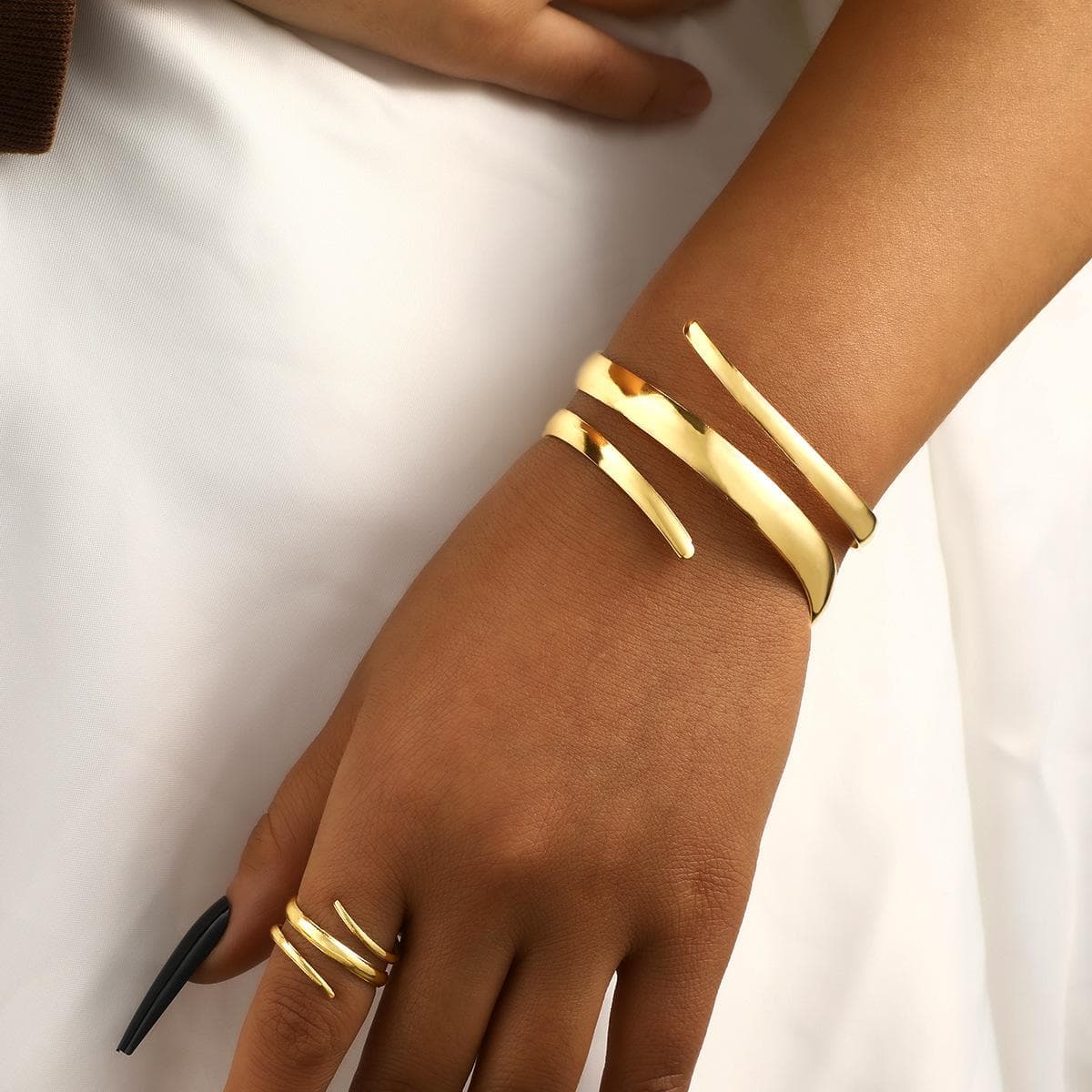 17KM Fashion Metal Open Bracelet & Ring Set For Women Gold Silver Color Smooth Bangle Rings Elegant Jewelry Accessories gold