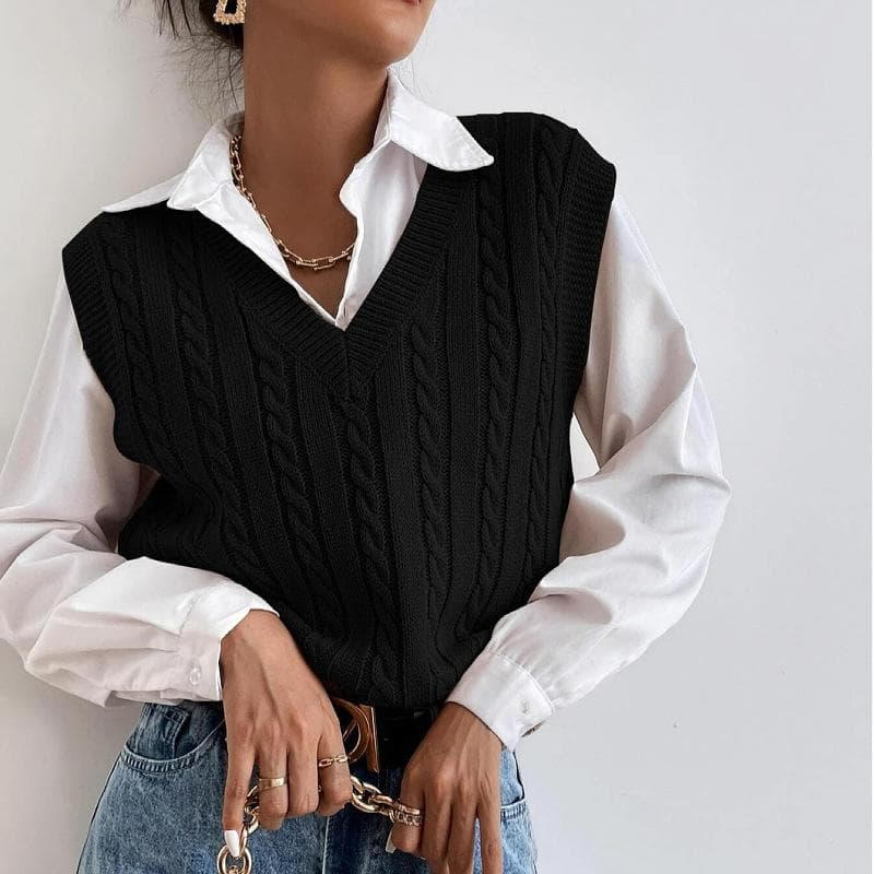 Fried Dough Twists Waistcoat Women Wear Solid Color Versatile Knitting Sweater Vest Inside and Outside L black