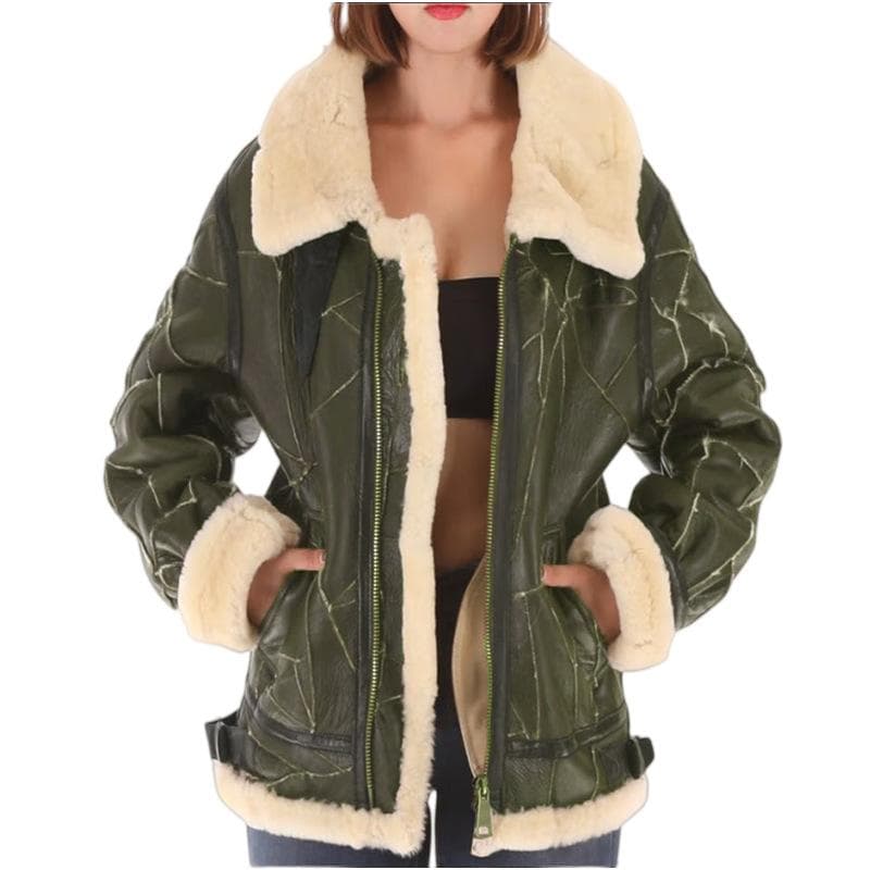 Thickened Fur Integrated Women's Jacket Leather Fleece Coat 3XL green