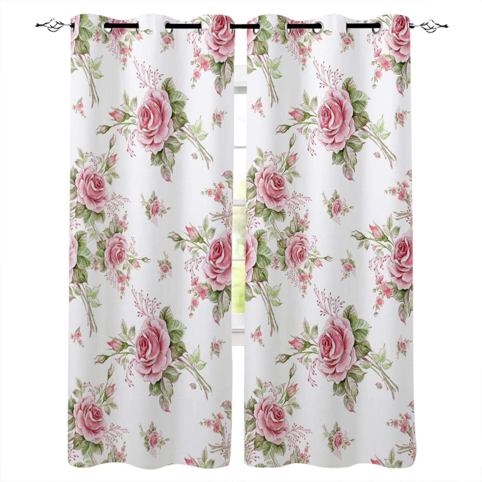 Pink Rose Romantic Window Curtains Kitchen Drapes Panel Home Decor Curtains for Living Room Curtains for Bedroom 135W x 160H(cm)
